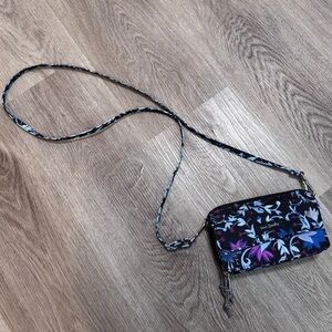 Vera Bradley All In One Crossbody Bag Wallet Blue Purple Black Floral RFID